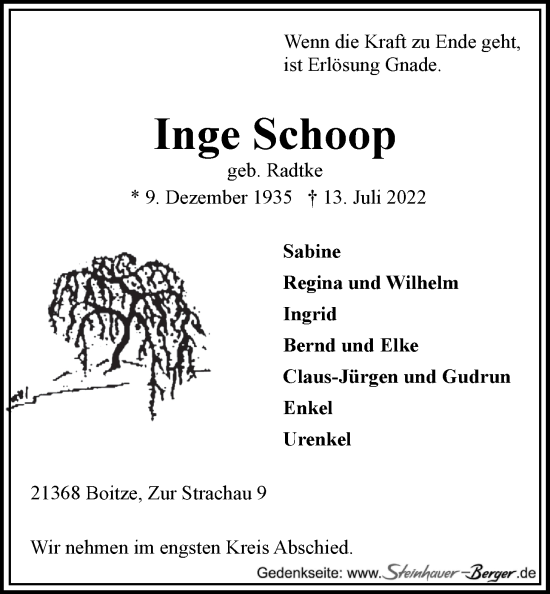Anzeige von Inge Schoop von LZ