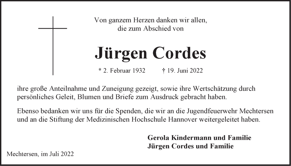  Traueranzeige für Jürgen Cordes vom 23.07.2022 aus LZ