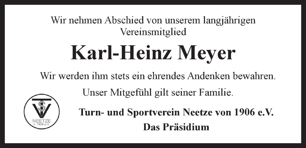  Traueranzeige für Karl-Heinz Meyer vom 30.07.2022 aus LZ