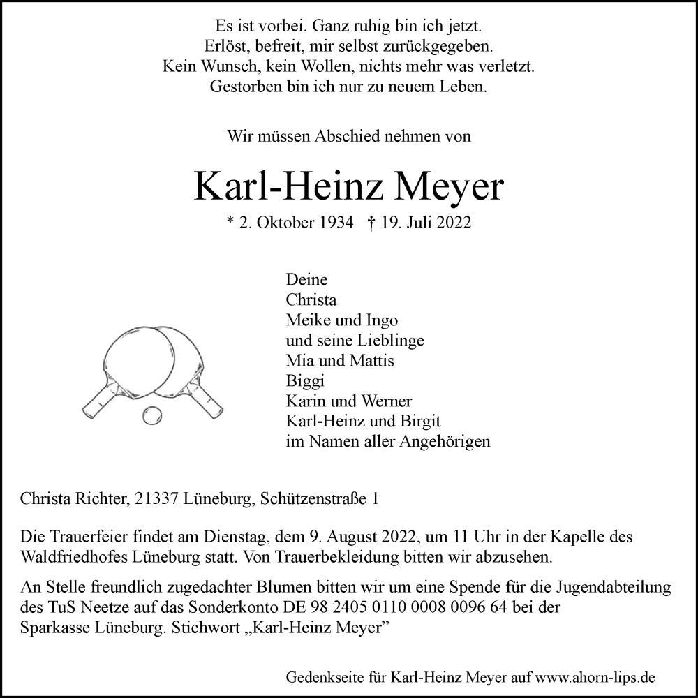  Traueranzeige für Karl-Heinz Meyer vom 30.07.2022 aus LZ