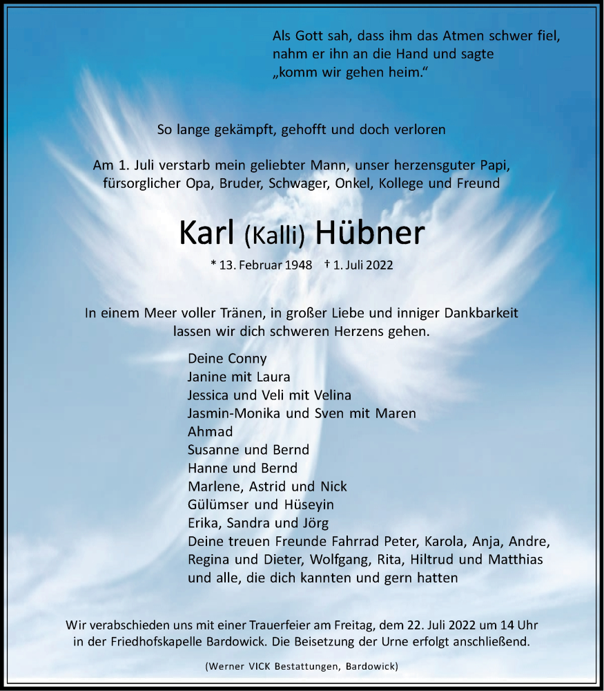  Traueranzeige für Karl  Hübner vom 16.07.2022 aus LZ
