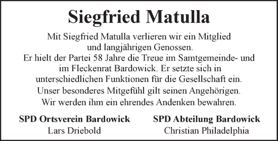 Anzeige von Siegfried Matulla von LZ