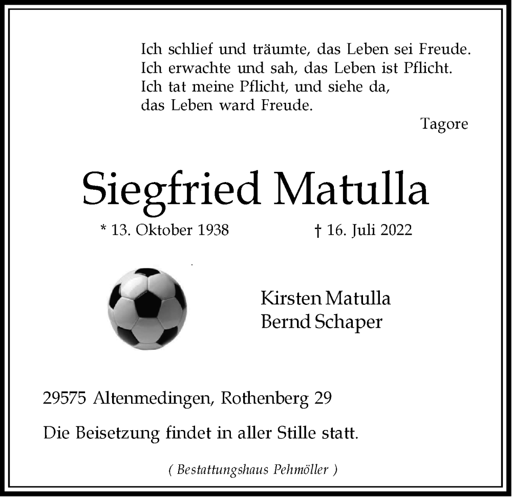  Traueranzeige für Siegfried Matulla vom 23.07.2022 aus LZ