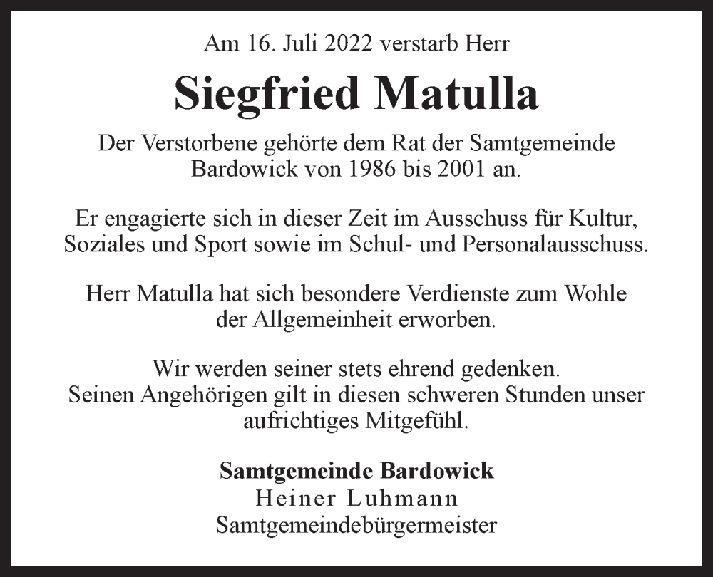  Traueranzeige für Siegfried Matulla vom 23.07.2022 aus LZ