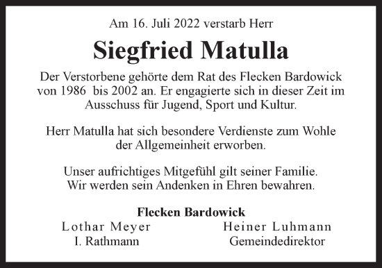 Anzeige von Siegfried Matulla von LZ