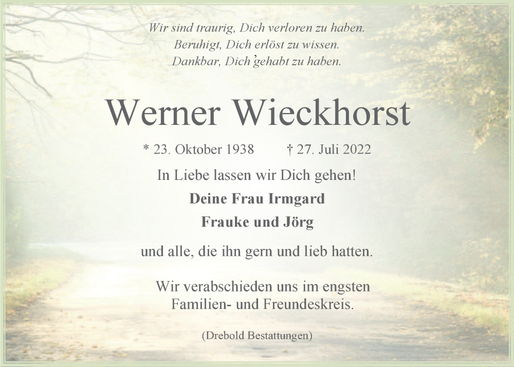  Traueranzeige für Werner Wieckhorst vom 30.07.2022 aus LZ