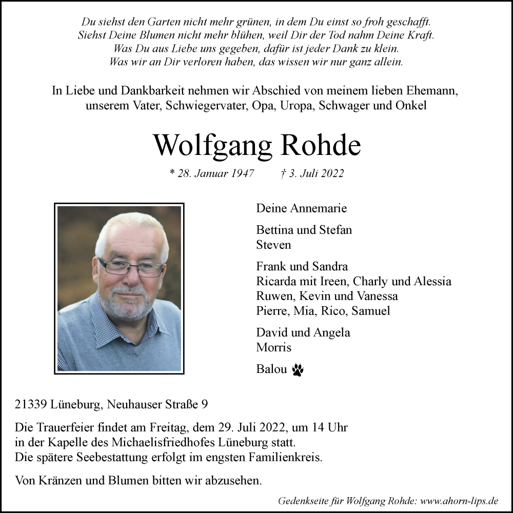  Traueranzeige für Wolfgang Rohde vom 23.07.2022 aus LZ