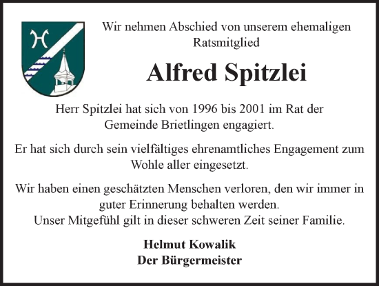 Anzeige von Alfred Spitzlei von LZ