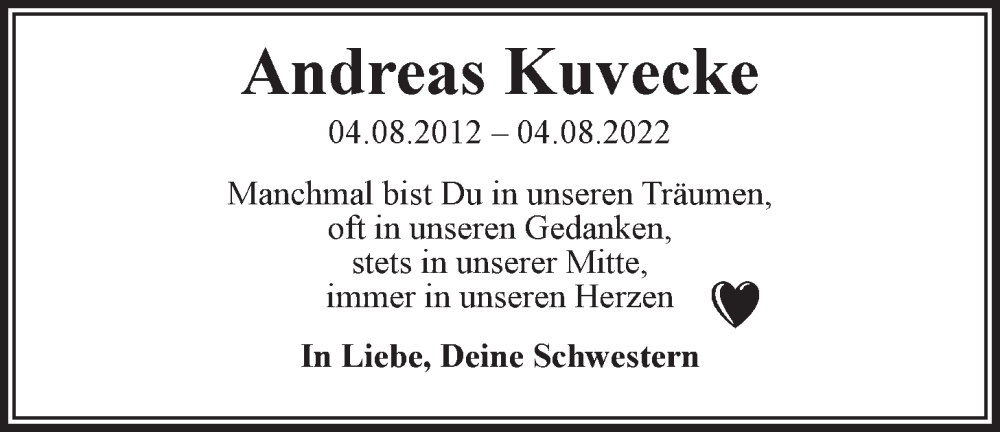  Traueranzeige für Andreas Kuvecke vom 05.08.2022 aus LZ
