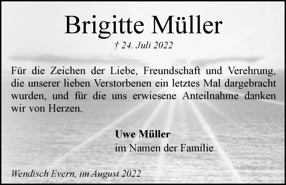  Traueranzeige für Brigitte Müller vom 13.08.2022 aus LZ