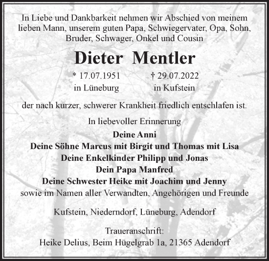 Anzeige von Dieter Mentler von LZ