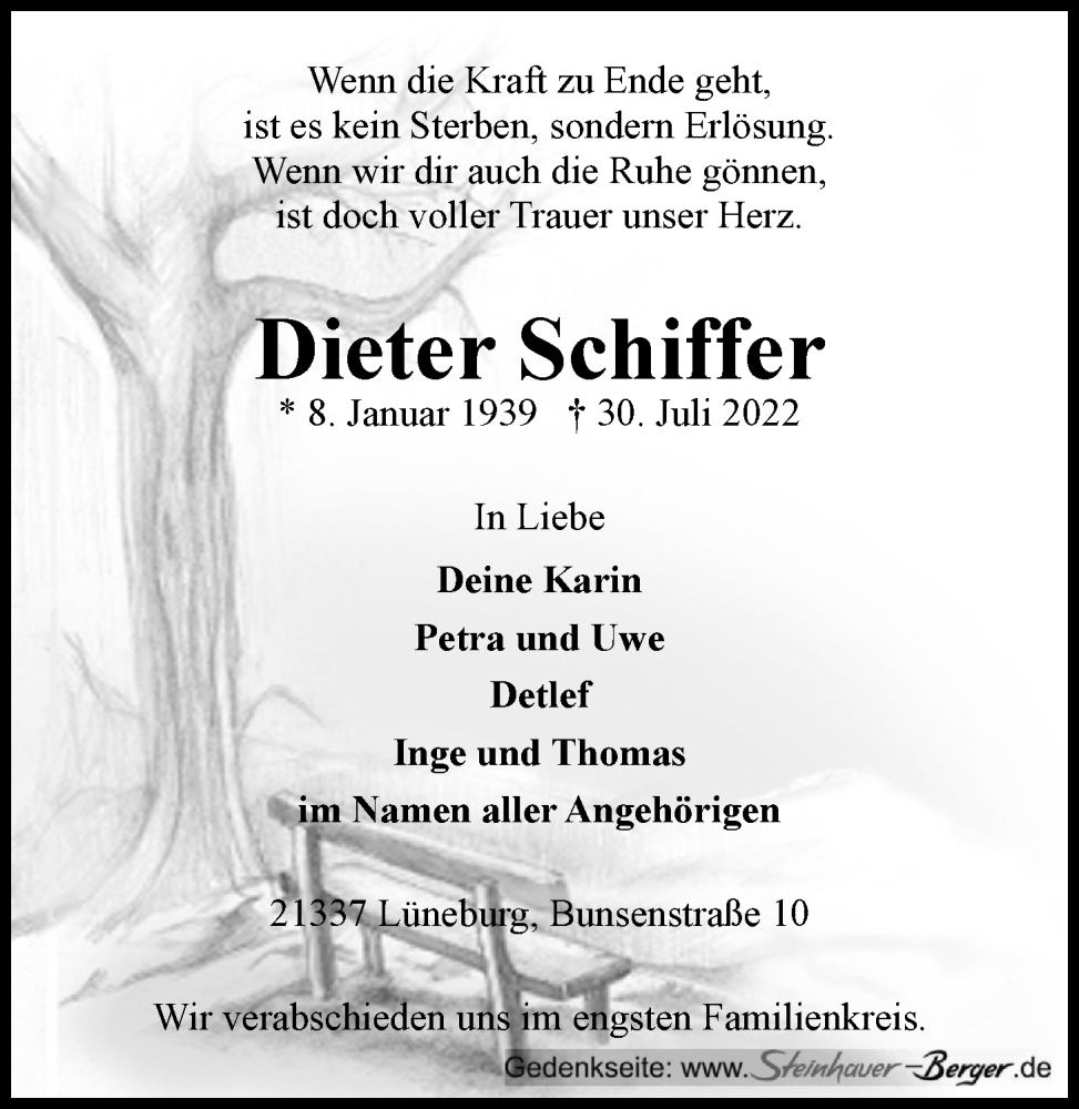  Traueranzeige für Dieter Schiffer vom 06.08.2022 aus LZ