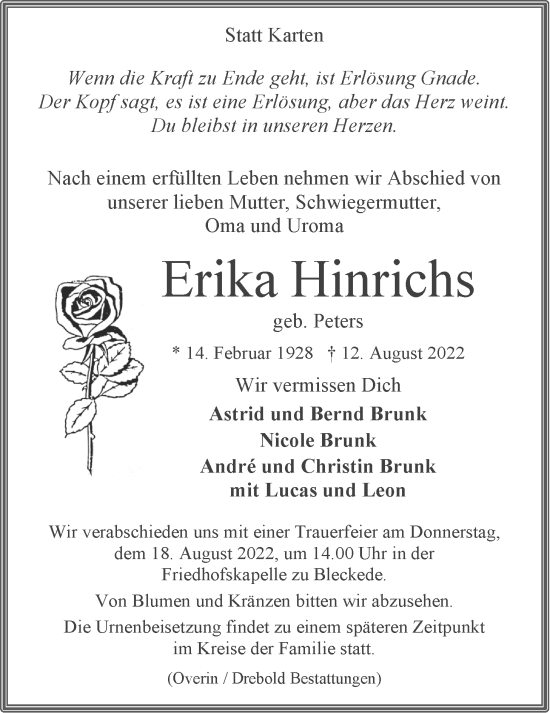 Anzeige von Erika Hinrichs von LZ