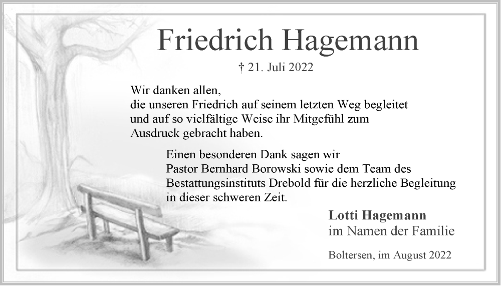  Traueranzeige für Friedrich Hagemann vom 13.08.2022 aus LZ
