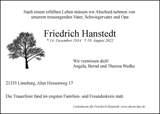 Anzeige von Friedrich Hanstedt von LZ