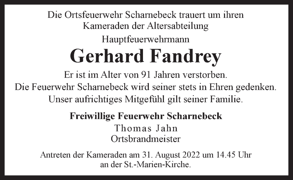  Traueranzeige für Gerhard Fandrey vom 27.08.2022 aus LZ