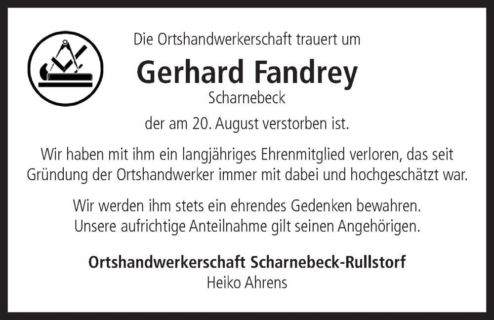  Traueranzeige für Gerhard Fandrey vom 27.08.2022 aus LZ