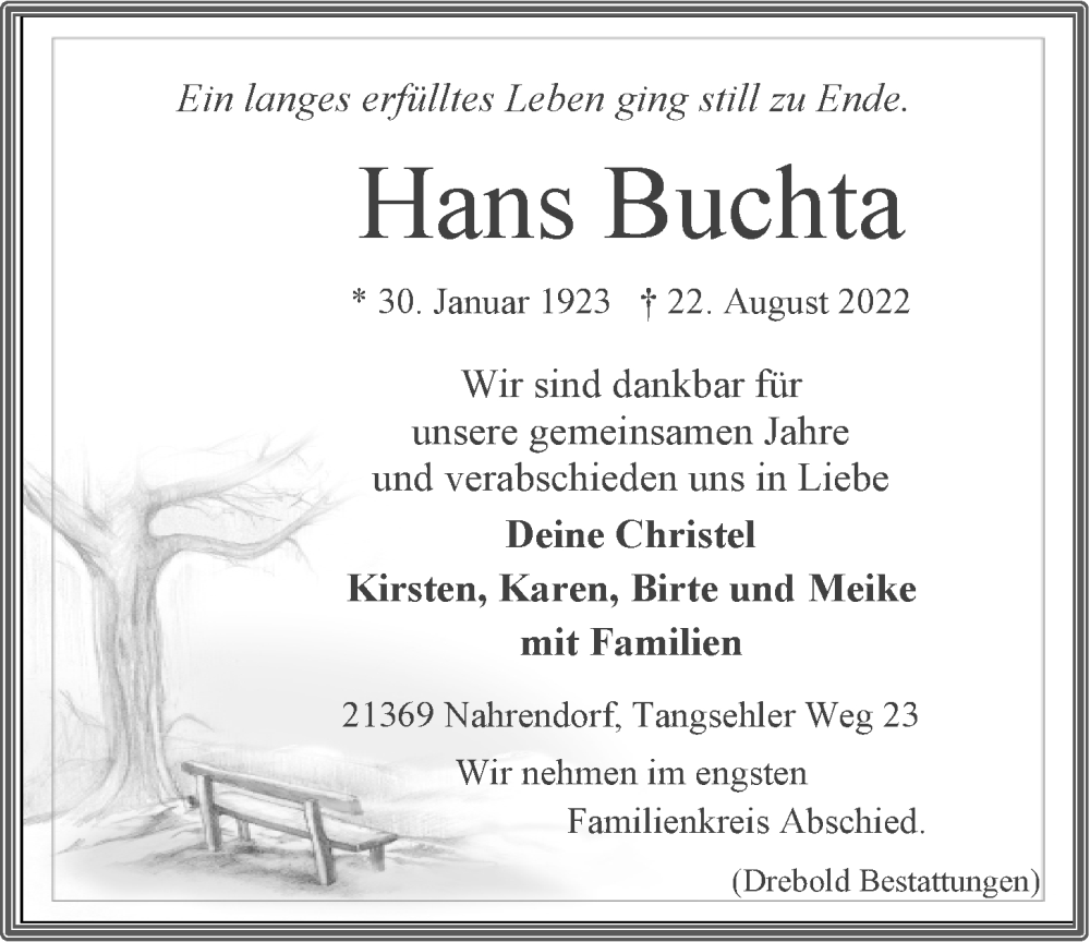  Traueranzeige für Hans Buchta vom 27.08.2022 aus LZ
