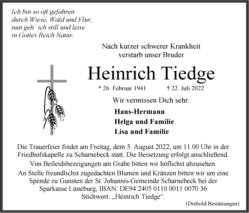  Traueranzeige für Heinrich Tiedge vom 02.08.2022 aus LZ