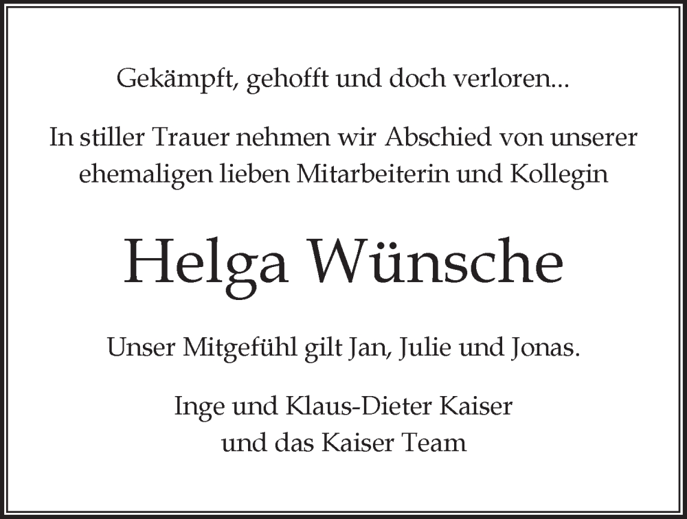  Traueranzeige für Helga Wünsche vom 13.08.2022 aus LZ
