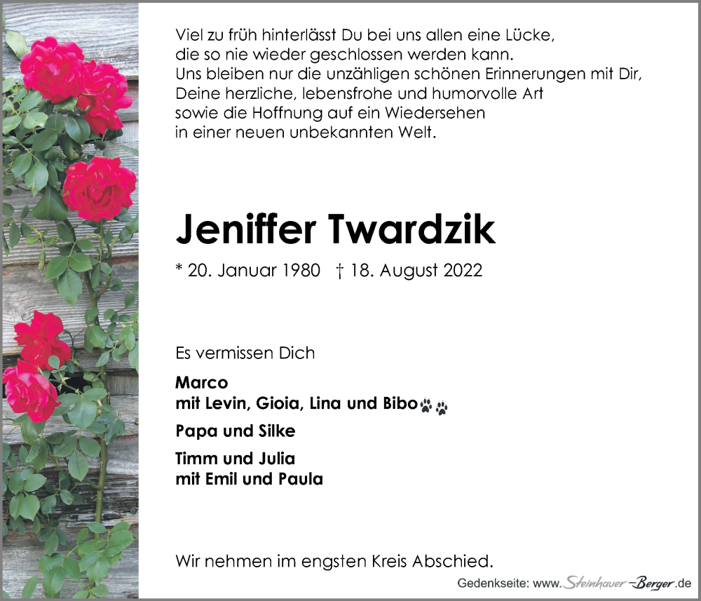  Traueranzeige für Jeniffer Twardzik vom 27.08.2022 aus LZ
