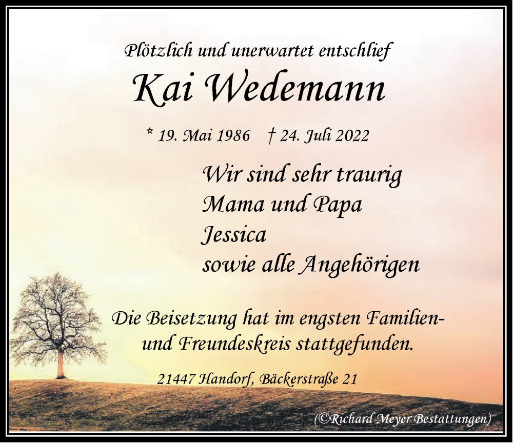  Traueranzeige für Kai Wedemann vom 27.08.2022 aus LZ