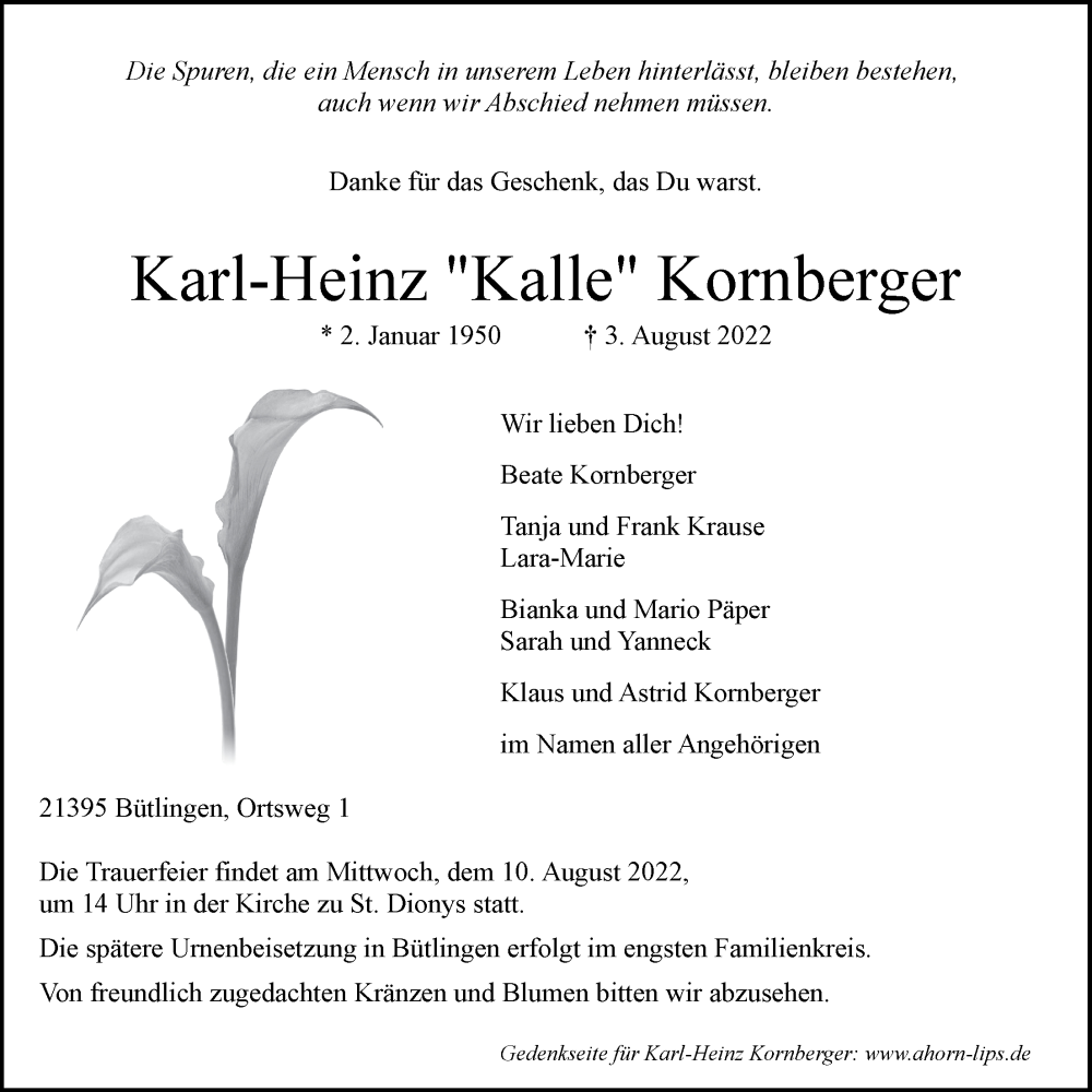  Traueranzeige für Karl-Heinz Kornberger vom 06.08.2022 aus LZ