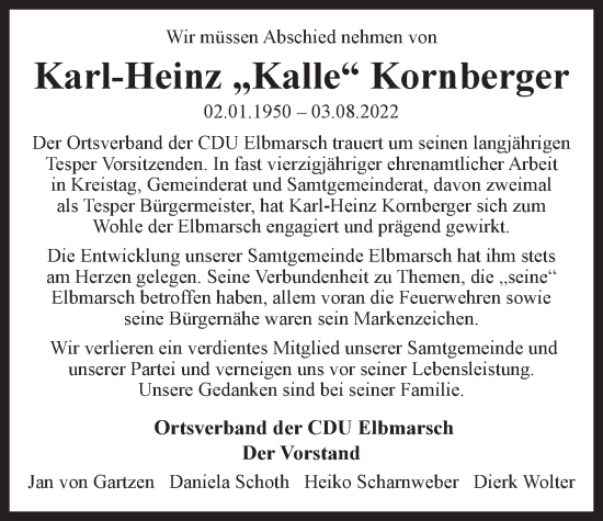Anzeige von Karl-Heinz Kornberger von LZ