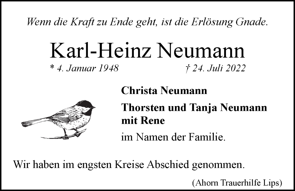  Traueranzeige für Karl-Heinz Neumann vom 10.08.2022 aus LZ