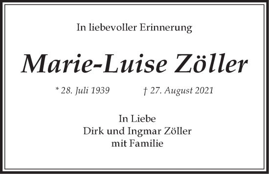 Anzeige von Marie-Luise Zöller von LZ