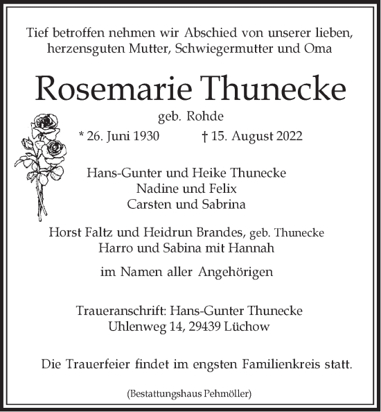 Anzeige von Rosemarie Thunecke von LZ