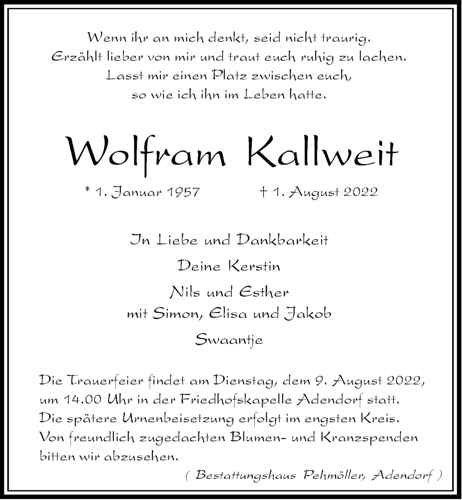  Traueranzeige für Wolfram Kallweit vom 06.08.2022 aus LZ