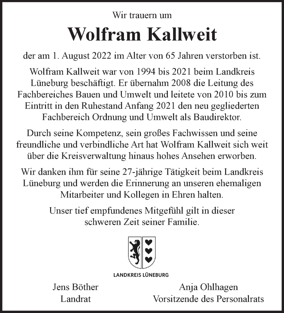  Traueranzeige für Wolfram Kallweit vom 06.08.2022 aus LZ