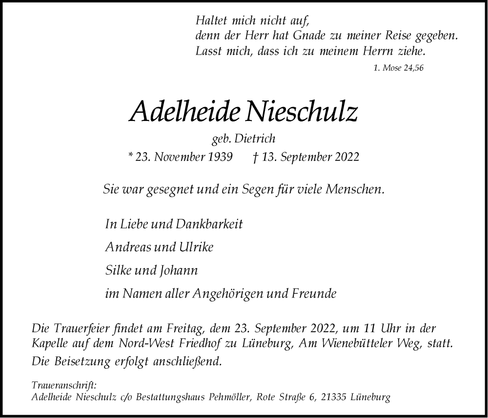  Traueranzeige für Adelheide Nieschulz vom 17.09.2022 aus LZ
