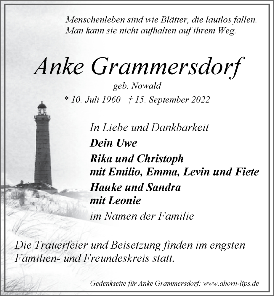  Traueranzeige für Anke Grammersdorf vom 17.09.2022 aus LZ