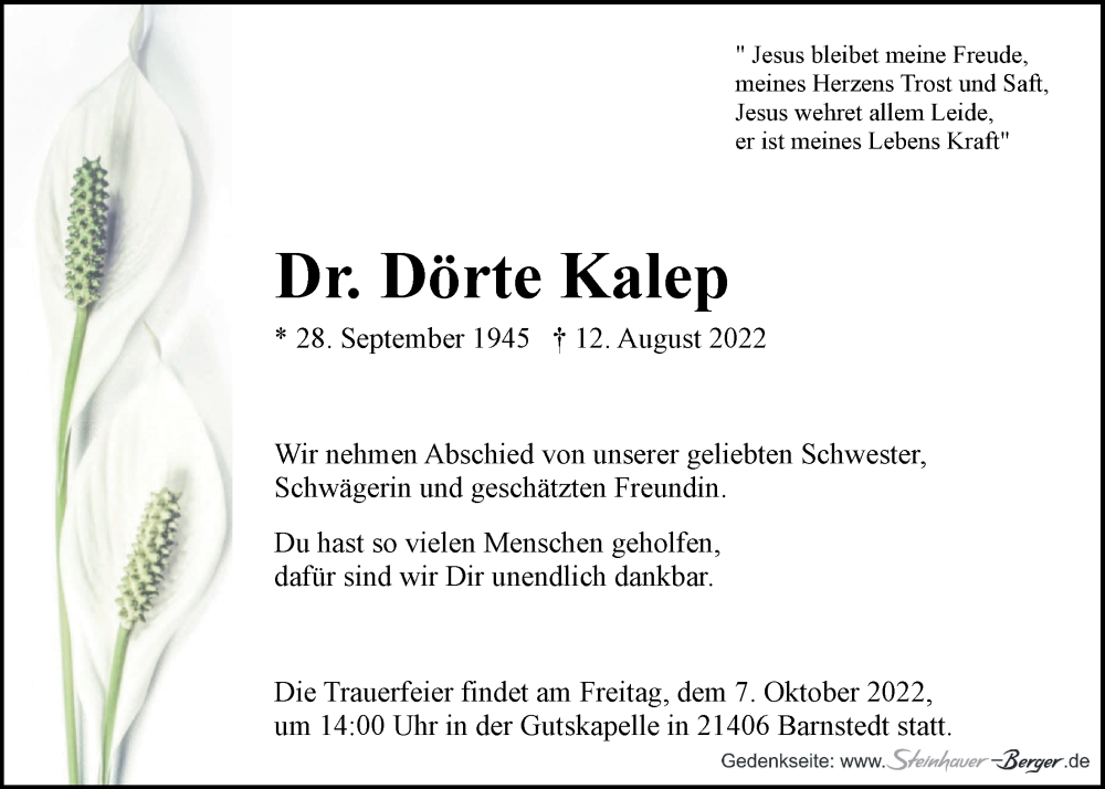  Traueranzeige für Dörte Kalep vom 17.09.2022 aus LZ