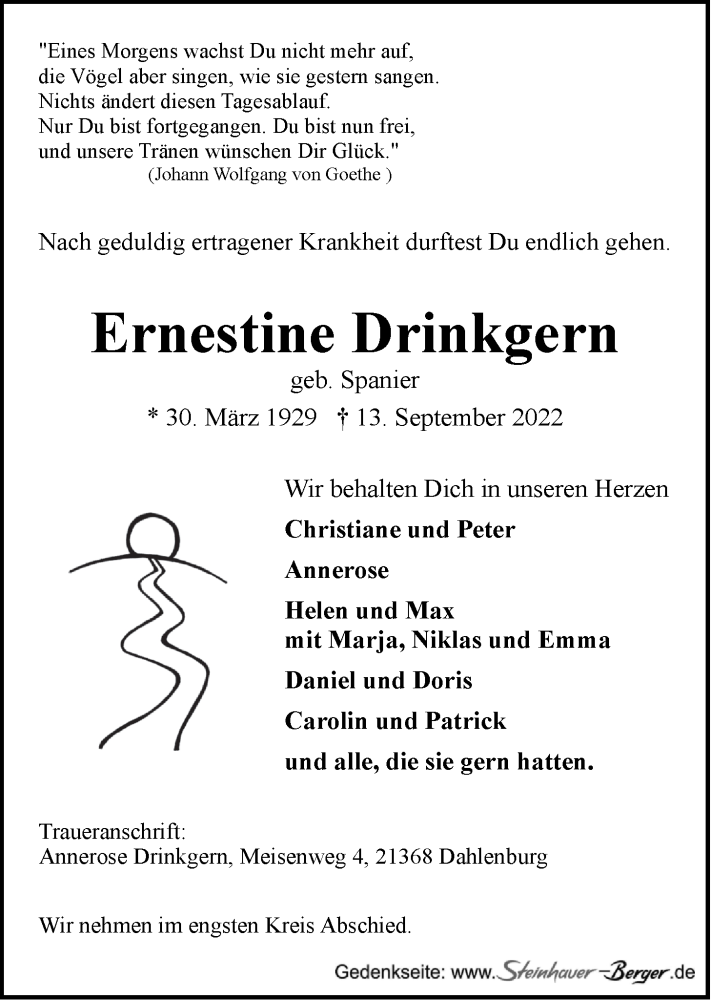  Traueranzeige für Ernestine Drinkgern vom 21.09.2022 aus LZ