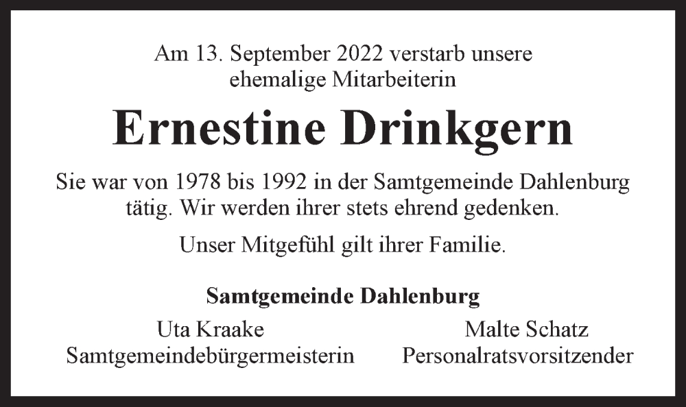 Traueranzeige für Ernestine Drinkgern vom 23.09.2022 aus LZ