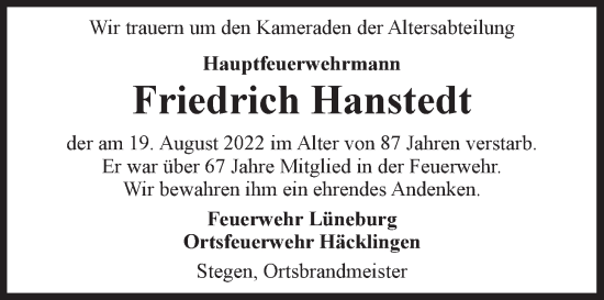 Anzeige von Friedrich Hanstedt von LZ