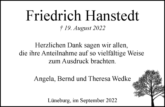 Anzeige von Friedrich Hanstedt von LZ