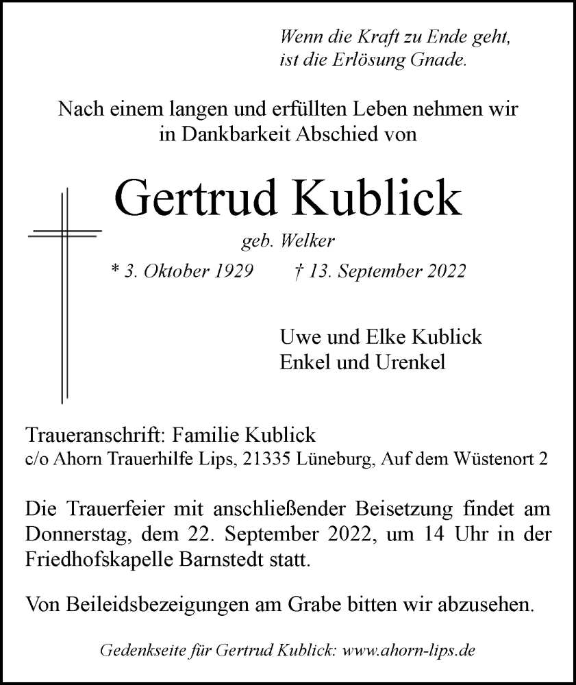  Traueranzeige für Gertrud Kublick vom 17.09.2022 aus LZ