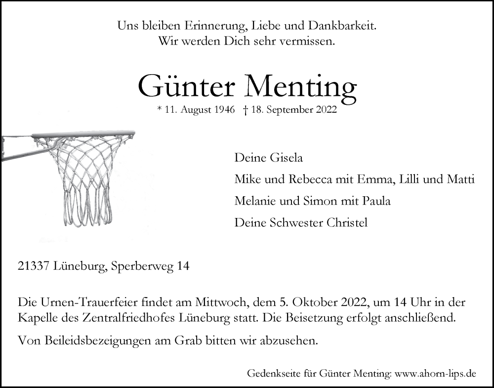  Traueranzeige für Günter Menting vom 24.09.2022 aus LZ