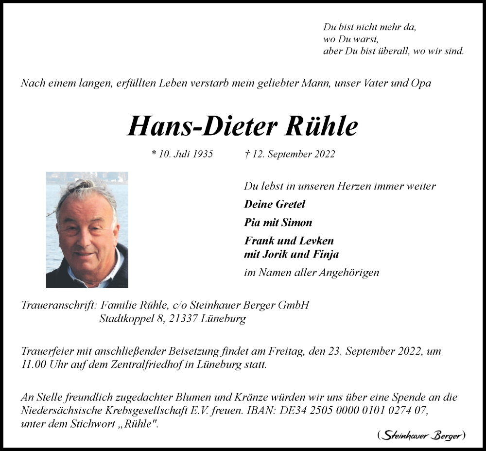  Traueranzeige für Hans-Dieter Rühle vom 17.09.2022 aus LZ