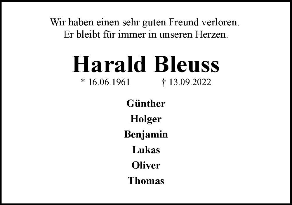  Traueranzeige für Harald Bleuss vom 17.09.2022 aus LZ