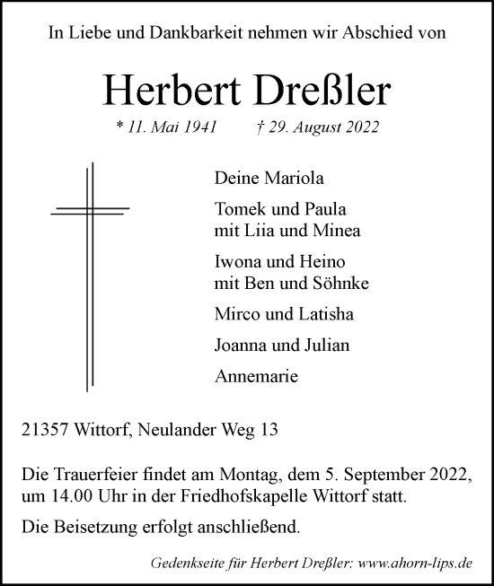 Anzeige von Herbert Dreßler von LZ