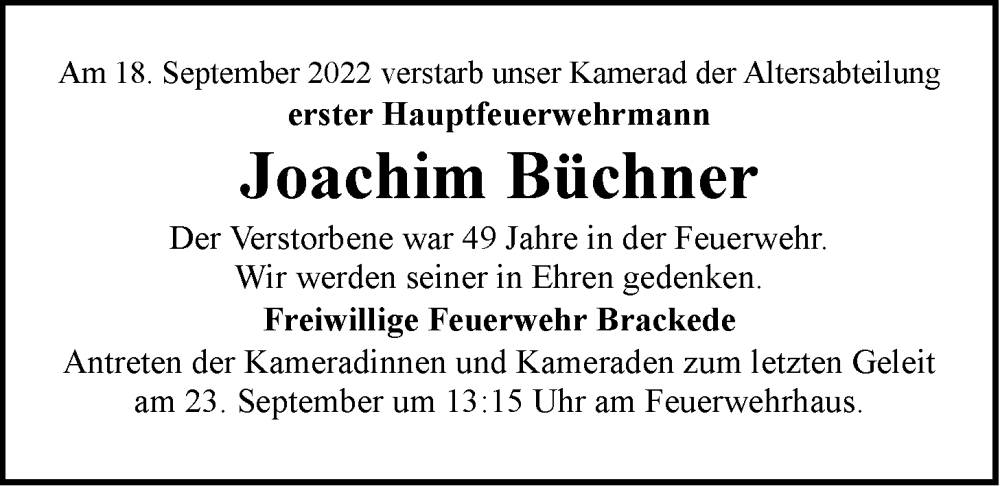  Traueranzeige für Joachim Büchner vom 22.09.2022 aus LZ