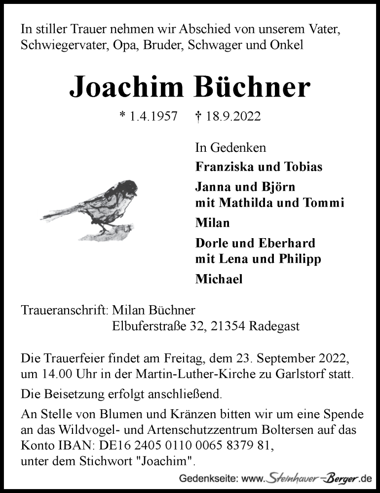  Traueranzeige für Joachim Büchner vom 22.09.2022 aus LZ