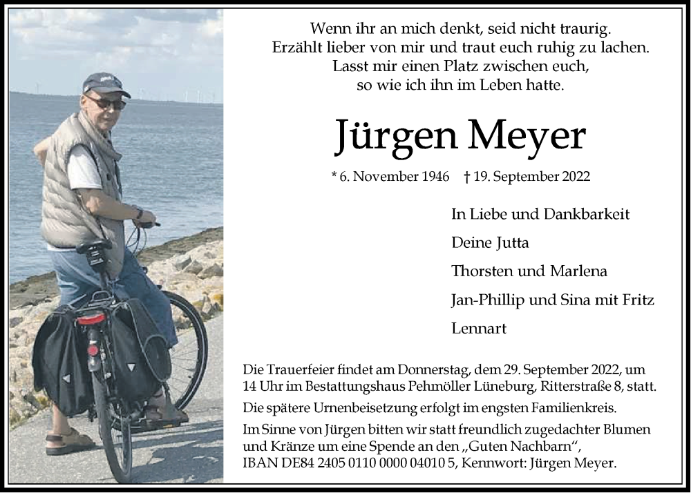  Traueranzeige für Jürgen Meyer vom 24.09.2022 aus LZ