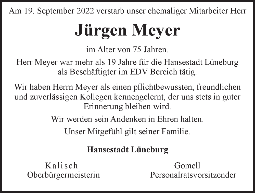  Traueranzeige für Jürgen Meyer vom 29.09.2022 aus LZ
