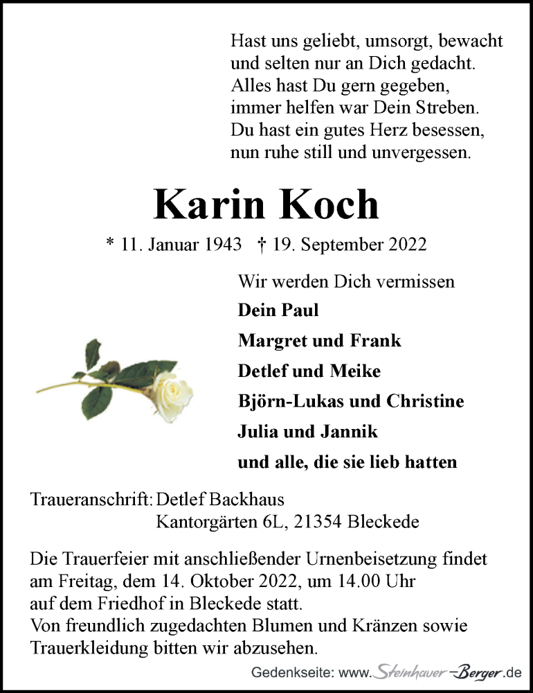  Traueranzeige für Karin Koch vom 24.09.2022 aus LZ